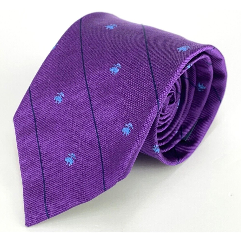 Brooks Brothers Purple Light Blue Golden Fleece Logo Navy Stripes 100% Silk Tie - Picture 2 of 10